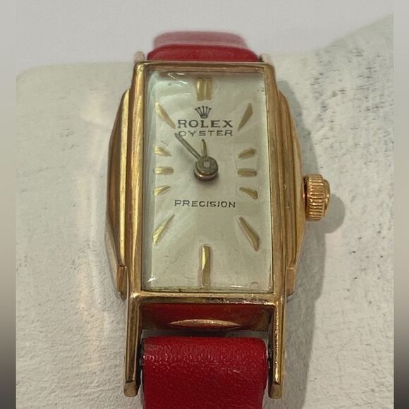 Rolex Vintage Swiss Oyster Perpetual Yellow Gold Red Leather Strap Women's Watch - Picture 6 of 17